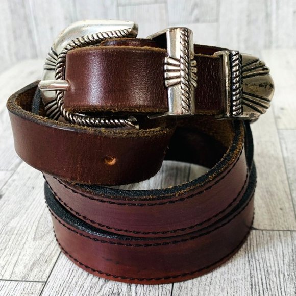VTG Womens French Cuir Vachette Belt Skinny Southwestern Sz XL Brown Leather 90s main image 13